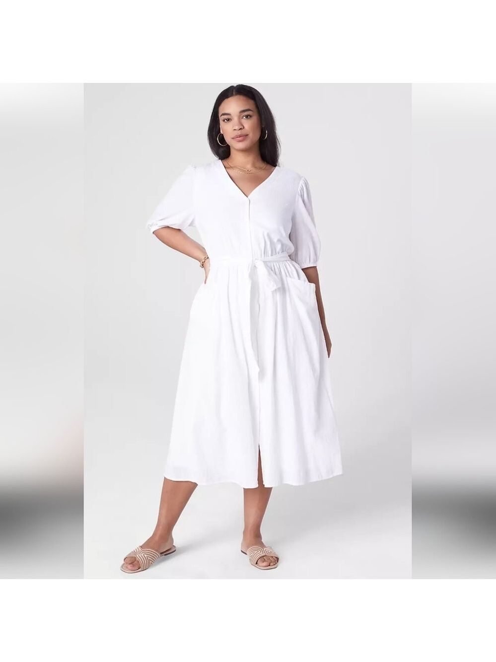 Lane Bryant Cotton White V-Neck Midi Dress with Tie Waist